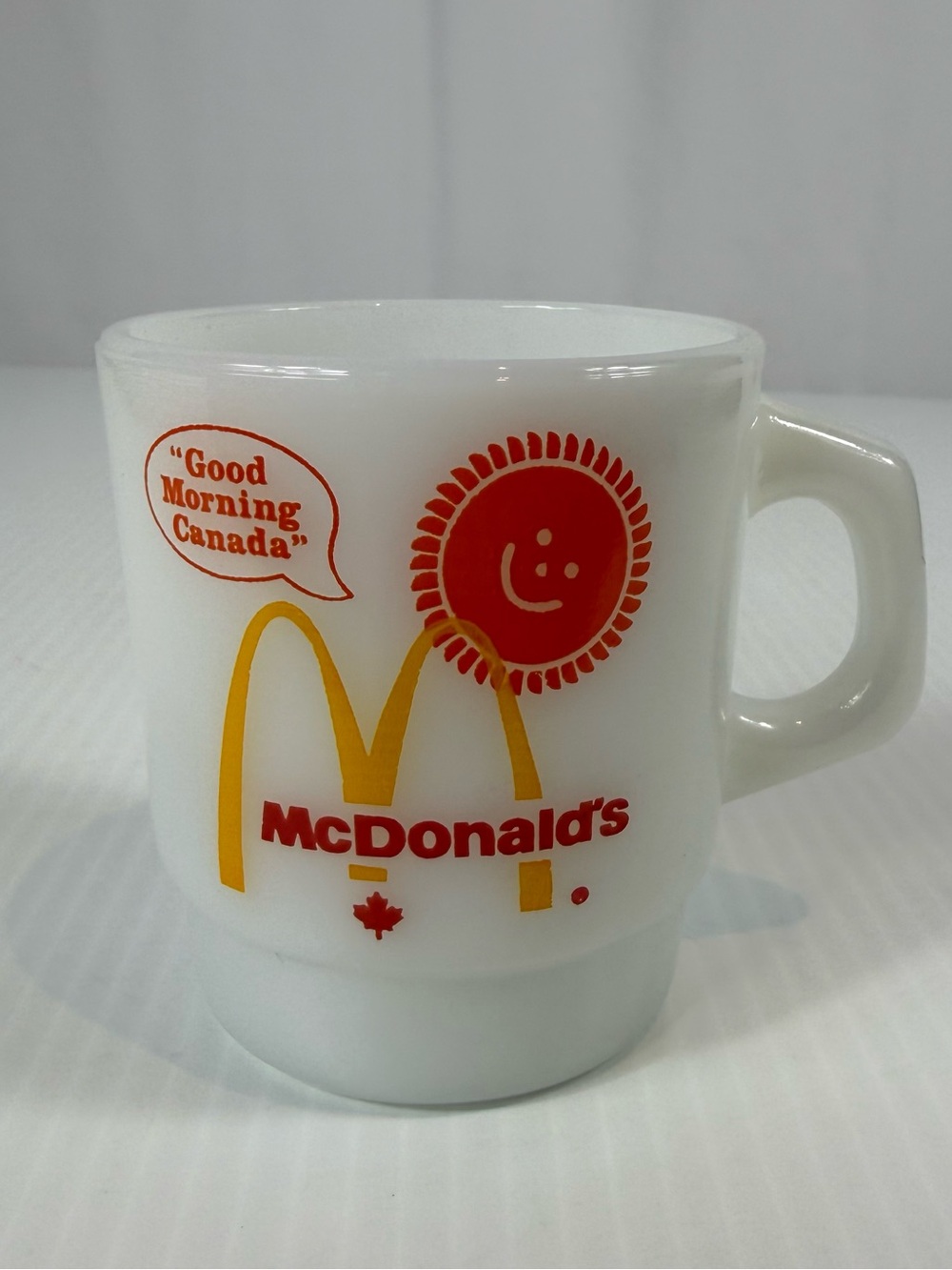 Vtg Fire King McDonalds Coffee Cup Milk Glass Good Morning Canada Anchor Hocking